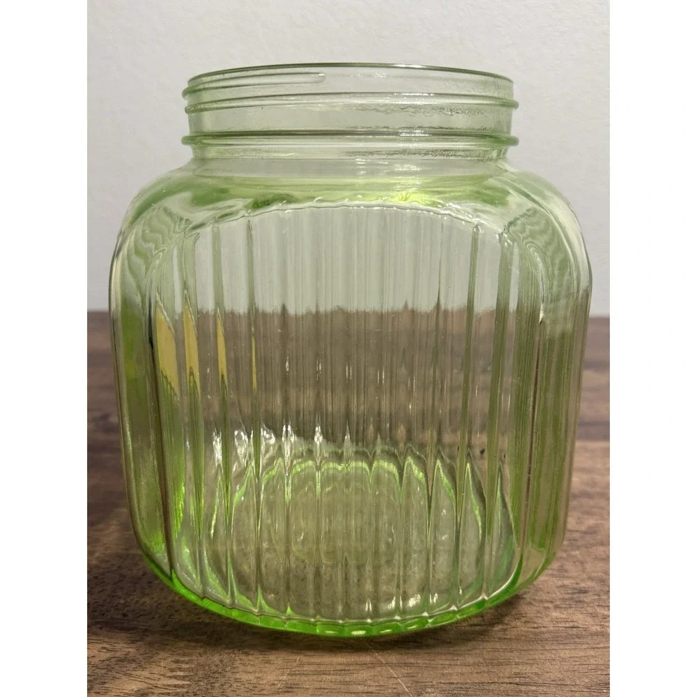 Anchor Hocking Hoosier Green Uranium Depression Glass Cookie Jar Ribbed Label